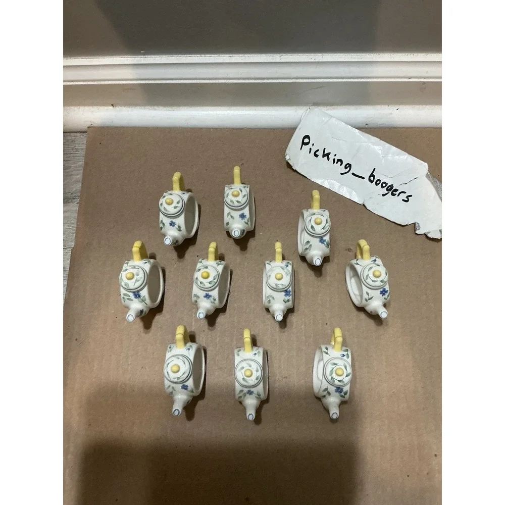 10 Vintage Pfaltzgraff Shelby Perennials Teapot Napkin Rings White Blue Yellow